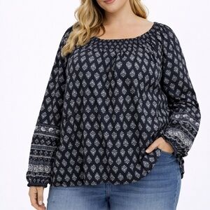 Old Navy Women's 3X Black Printed Boho Peasant Long Sleeve Smocked Poet Blouse